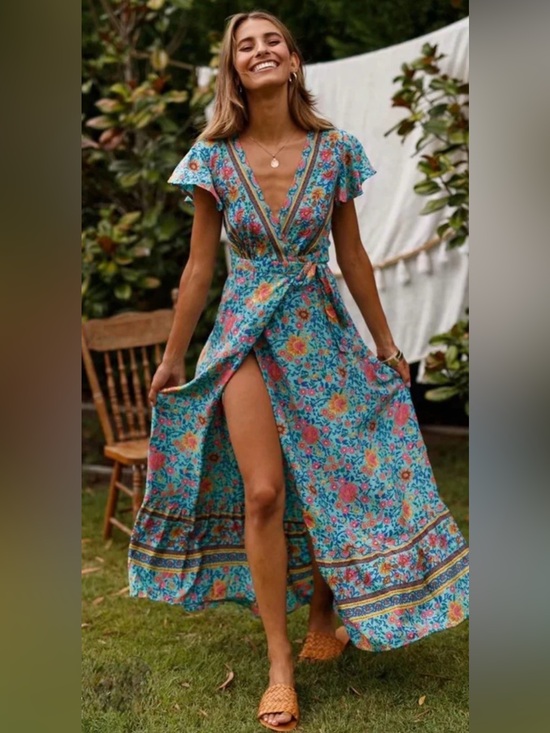 Temofon Dresses & Skirts - Floral Wrap Maxi Dress in Turquoise - Women's Summer Maxi